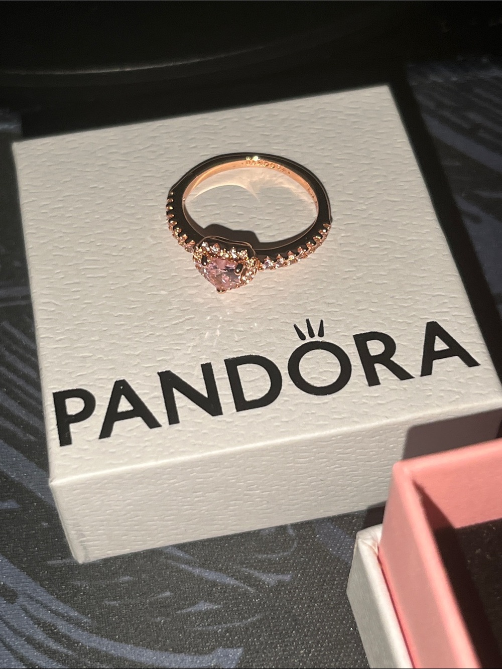 Pandora Rose Gold Ring with Pink Heart Center size 8
